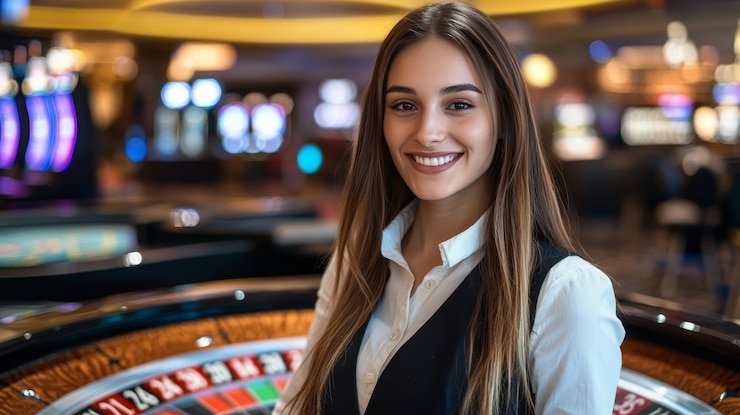 Interface permainan Live Baccarat dengan tampilan dealer dan taruhan